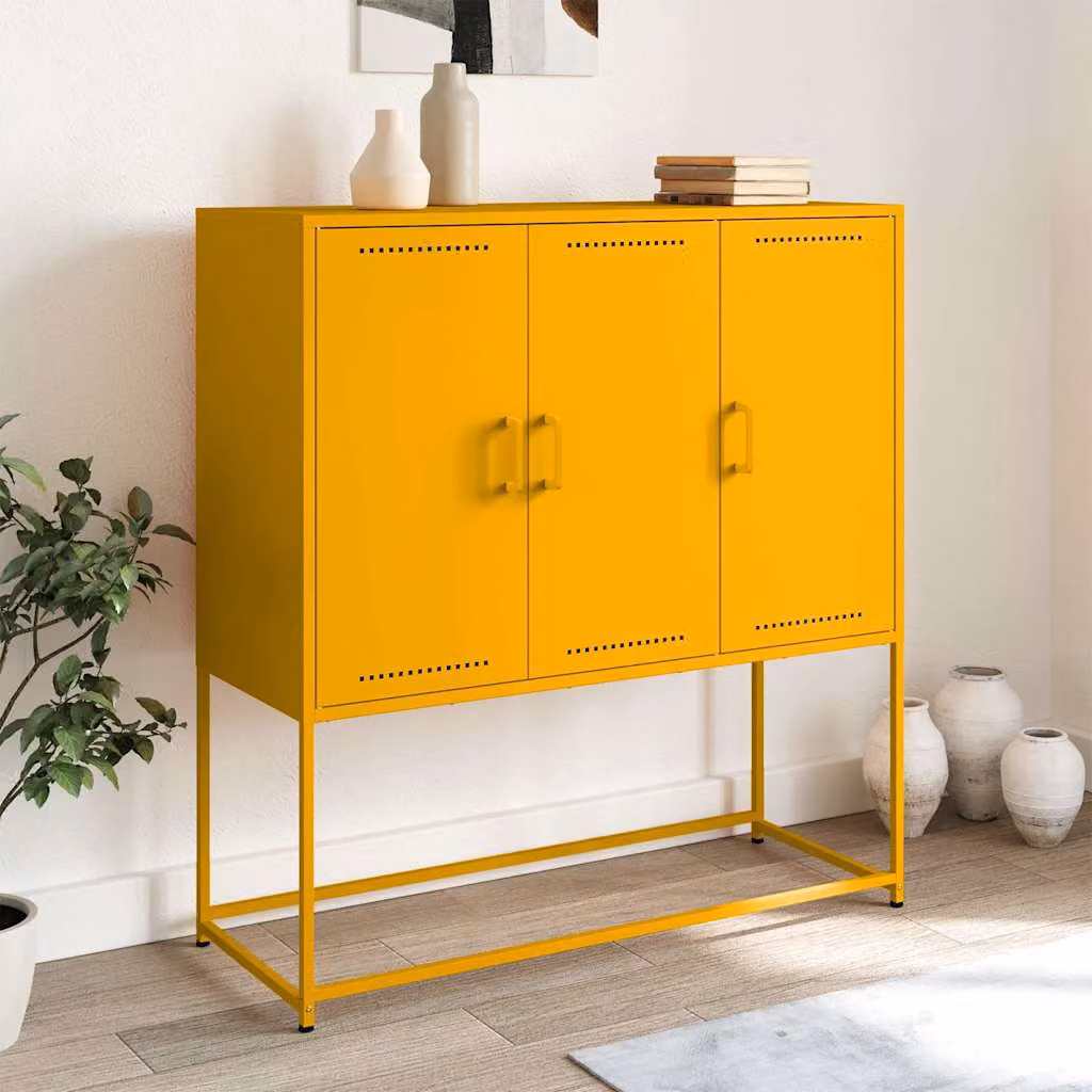 Credenza in stile industriale vidaXL in metallo giallo senape L: 100,5 cm, P: 39 cm, H: 107 cm