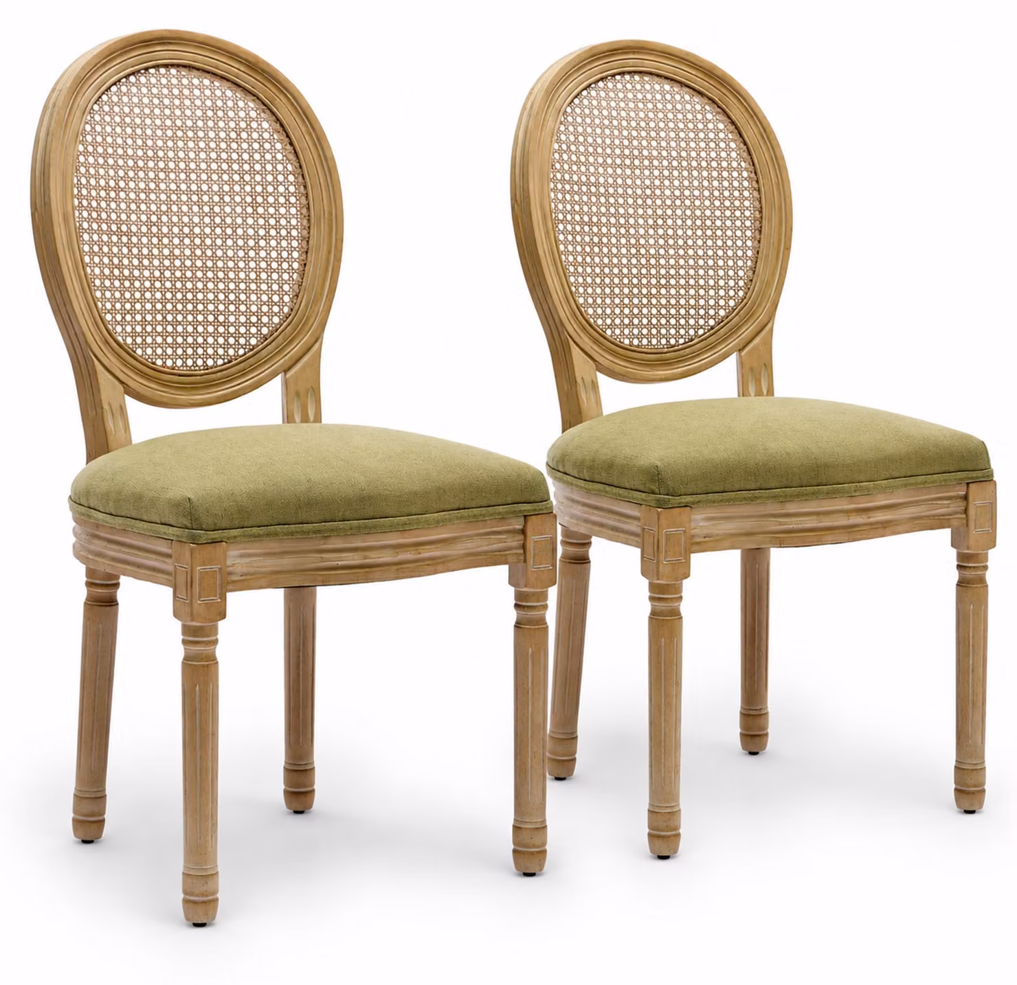Set di 2 sedie da pranzo in lino, con schienale ovale in rattan e struttura in legno di gomma, color verde oliva