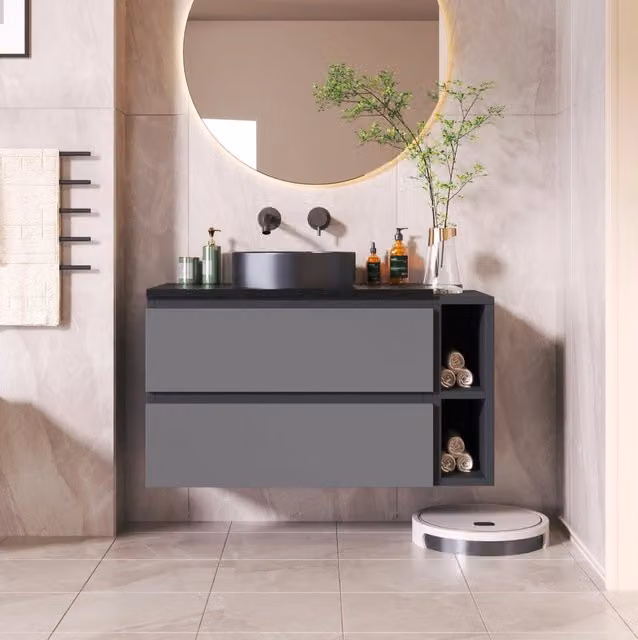 Mobile bagno sospeso 80 cm con lavabo in ceramica; cassetti e piano in marmo MDF nero e grigio
