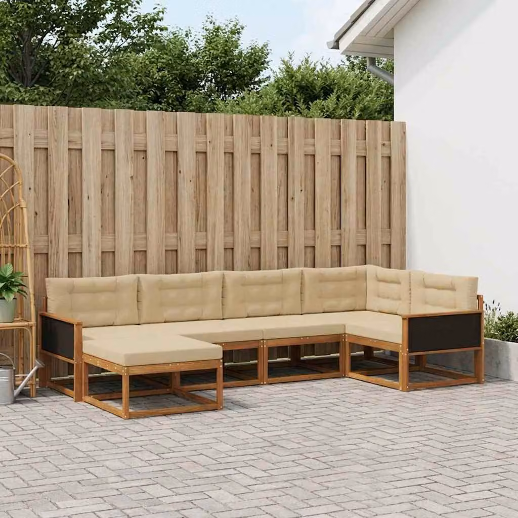 Set di divani da esterno vidaXL a forma di L in legno di acacia con pouf e cuscini, Beige e Marrone