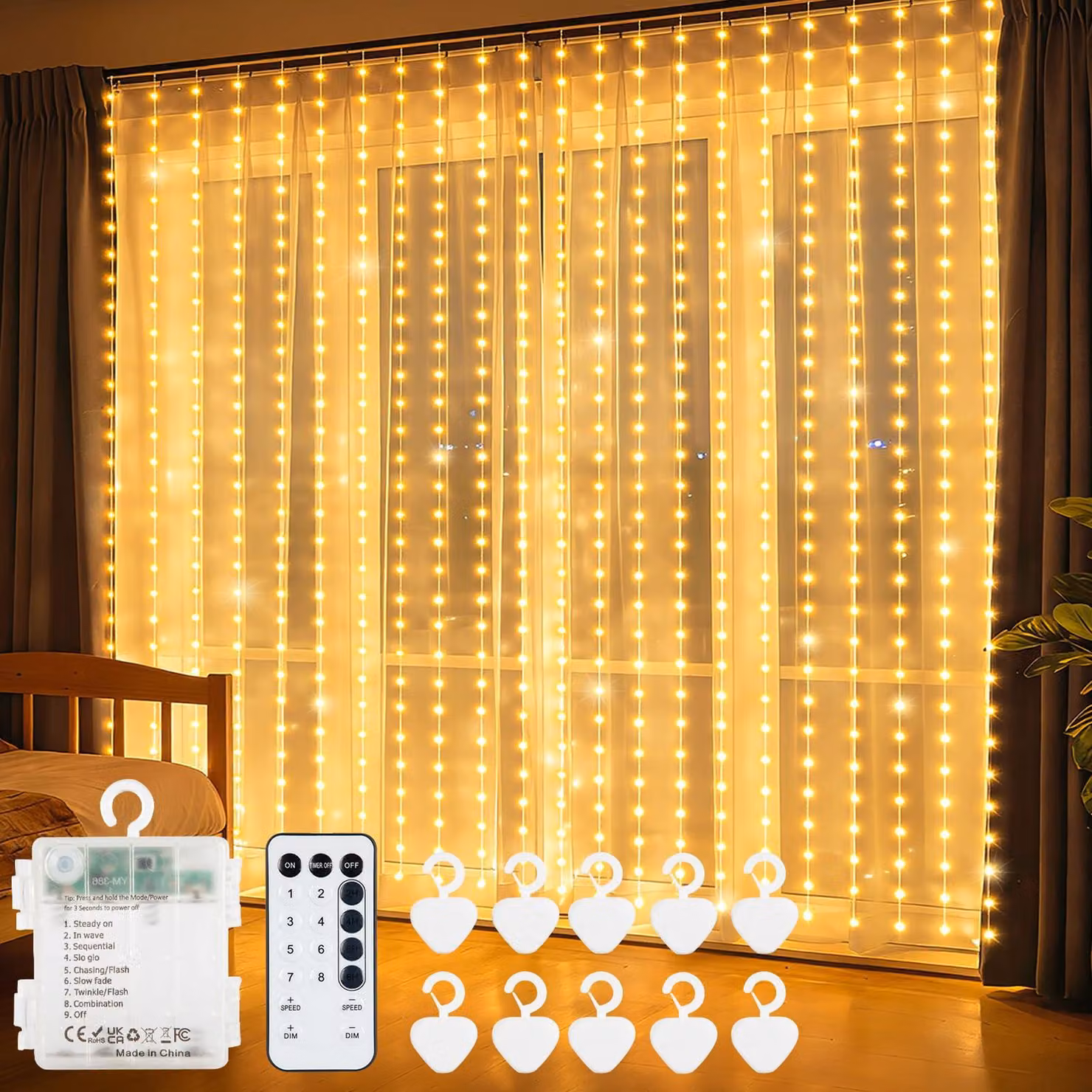 Illuminazione a tenda a LED, modello 300, dimensioni 3x3 metri, luce bianco caldo, alimentazione a batteria