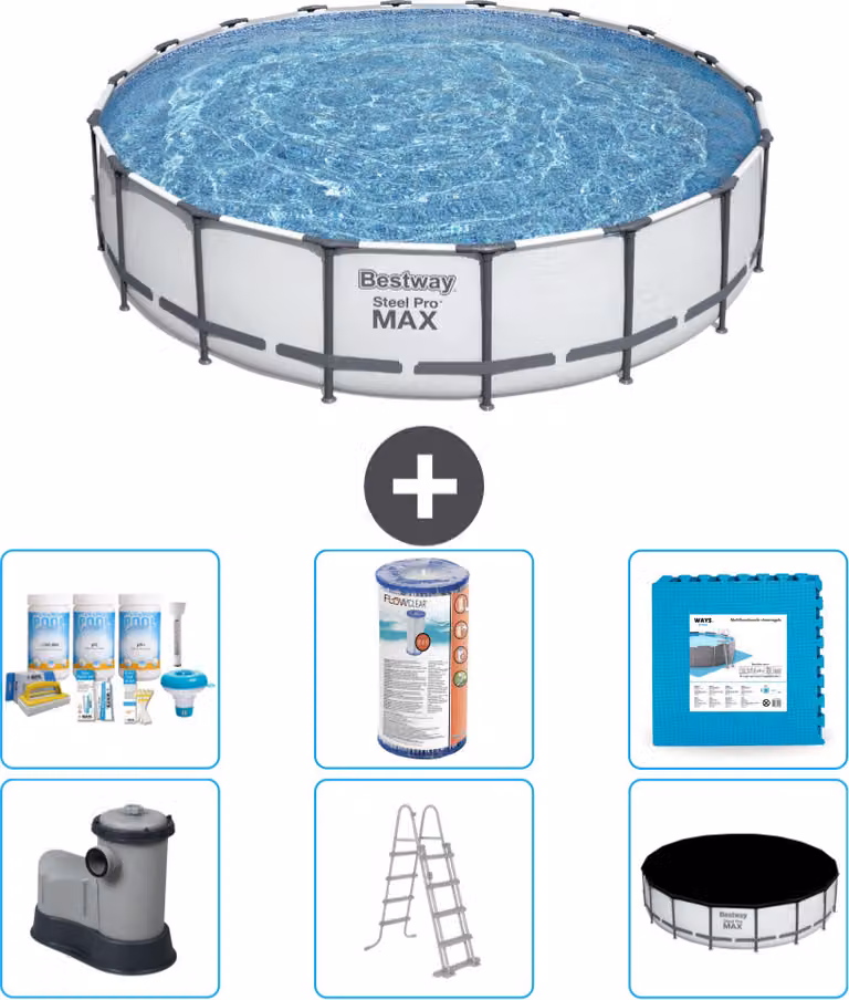 Piscina Bestway Round Steel Pro MAX - 549 x 122 cm - grigio - inclusa pompa - scala - pacchetto manutenzione copertura - filtro - piastrelle per il pavimento