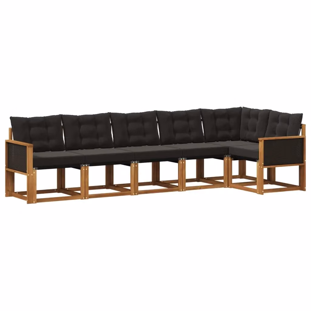 Set di divani da esterno a L vidaXL in legno di acacia e textilene, marrone e nero, con cuscini inclusi – 2