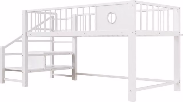 Letto a soppalco basso per bambini 90x200 cm con struttura in metallo e scala con spazio contenitivo, bianco