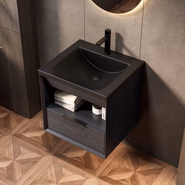 Mobile da bagno sospeso REDOM con lavabo integrato in ceramica nera e finitura rovere opaco L: 51 cm