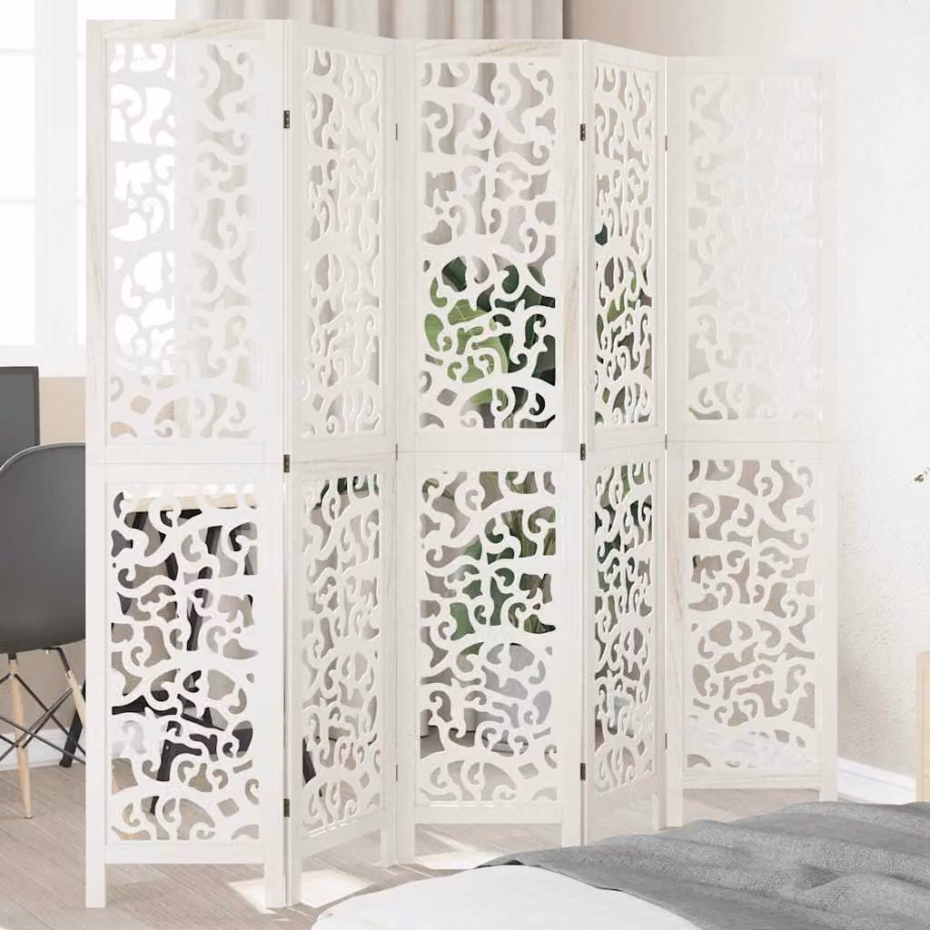 Divisorio Ambienti vidaXL a 5 Pannelli in Legno Massello di Paulownia Bianco Opaco H: 180 cm x L: 180 cm