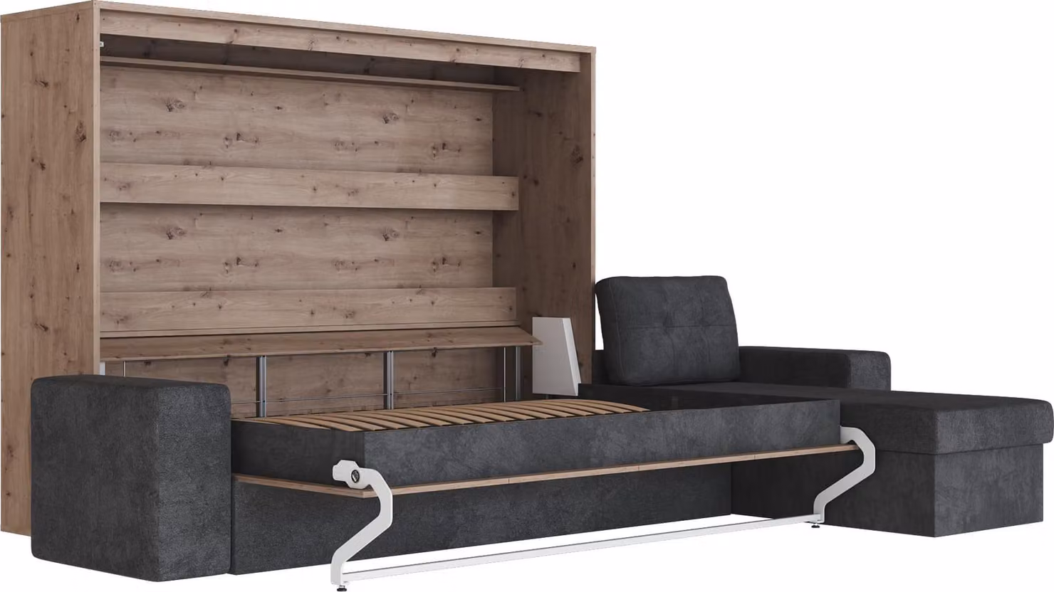 Letto a scomparsa 160x200 orizzontale M2 (profondità 55 cm) antracite con divano ad angolo antracite Quercia selvatica