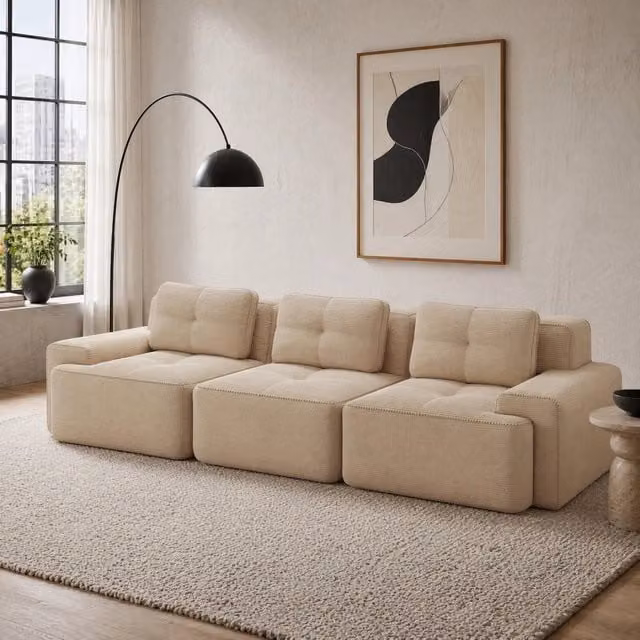Divano modulare 3 posti 293x104x69 cm in tessuto beige, senza montaggio, per salotto –