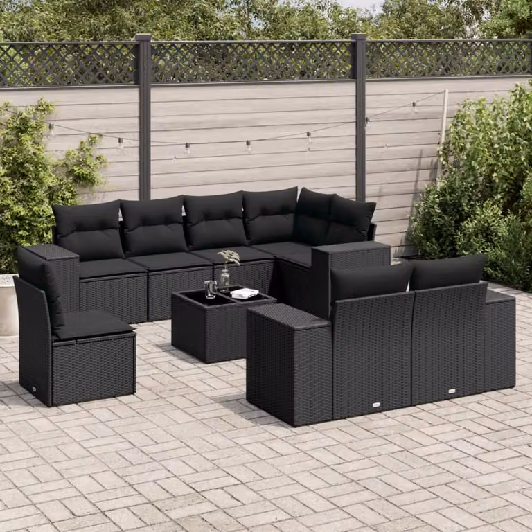 vidaXL Set Divani da Giardino a L 9 pz in Polyrattan Nero con Cuscini e Tavolino da Esterno