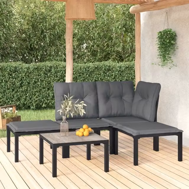 Set Salotto da Giardino Moderno vidaXL a Forma a L in Polyrattan Nero e Grigio con Cuscini e Tavolino da Caffè – 1
