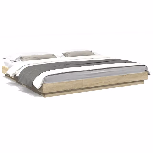 Letto matrimoniale | Letto per adulti | Giroletto Cassetti Luci LED Sonoma 200x200 cm Legno Multistrato