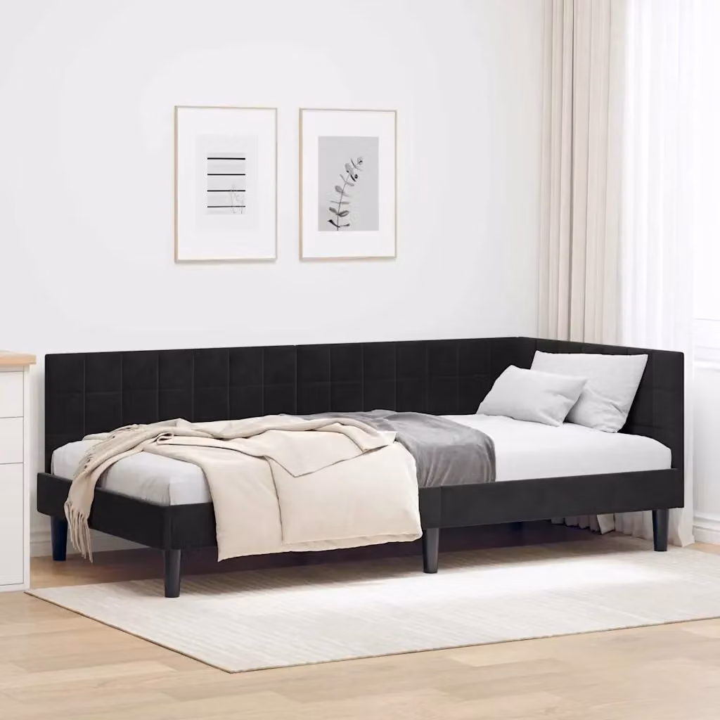 Letto singolo moderno in velluto nero con struttura in legno e metallo L 90 x P 200 cm – 2