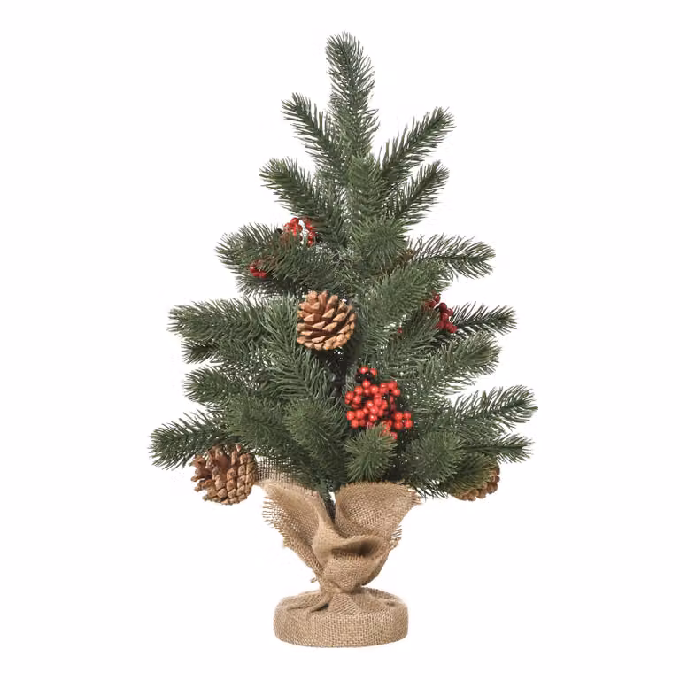 Albero di Natale artificiale da 50 cm con 55 rami, 4 bacche rosse e 4 pigne, base stabile in PE e cemento, Ø 28 x 50 cm, 50 cm