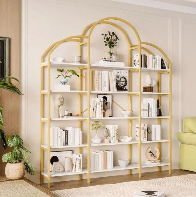 Libreria 170x26x190 cm bianca e oro in MDF e metallo, 5 ripiani