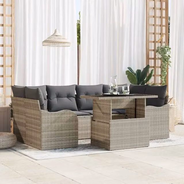 Set Divano da Giardino vidaXL a Forma di U con 7 Pezzi, Colore Grigio, Struttura in Acciaio Verniciato a Polvere e Tavolino da Caffè incluso – 1