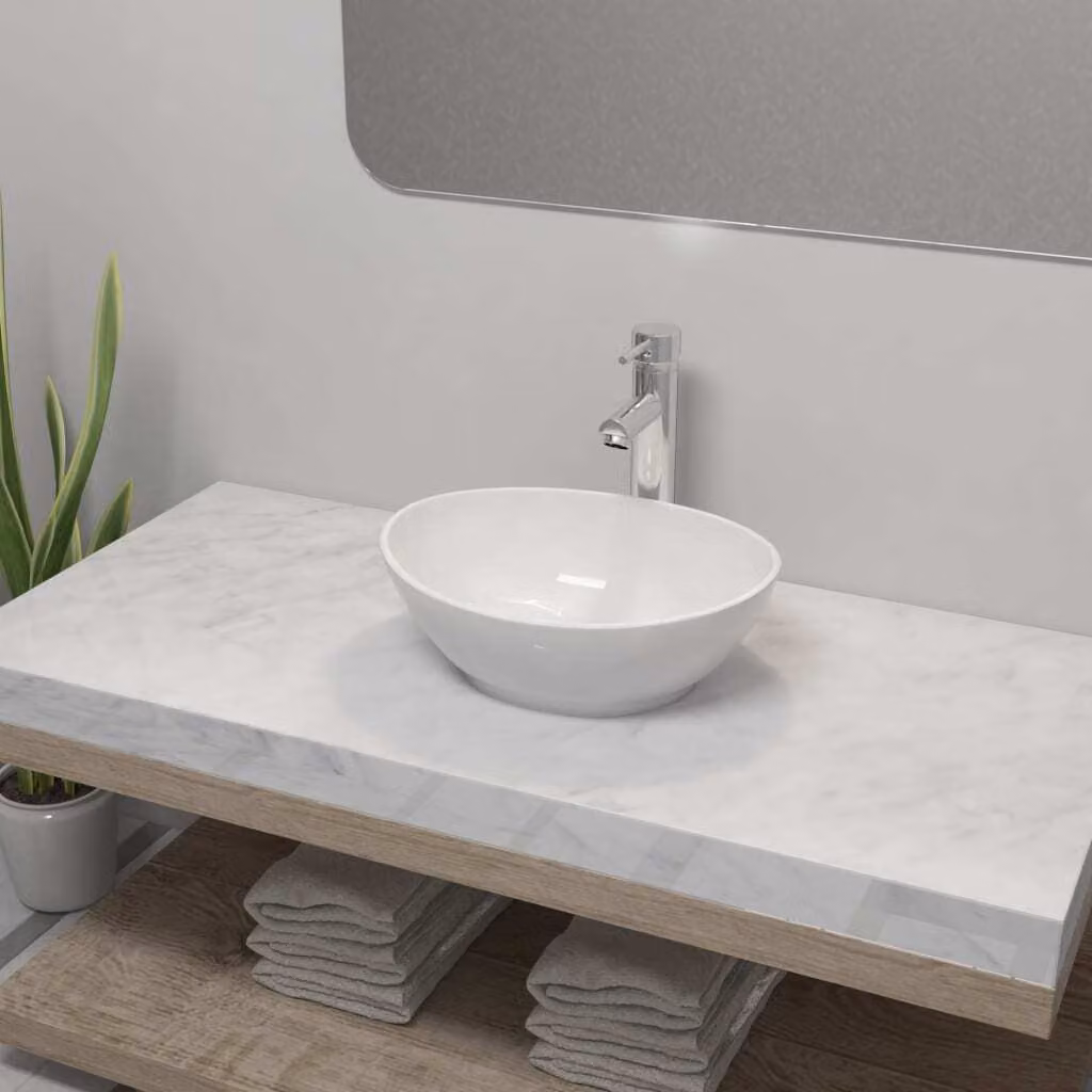 The Living Store Lavandino da bagno con miscelatore in Vetroceramica ovale bianco
