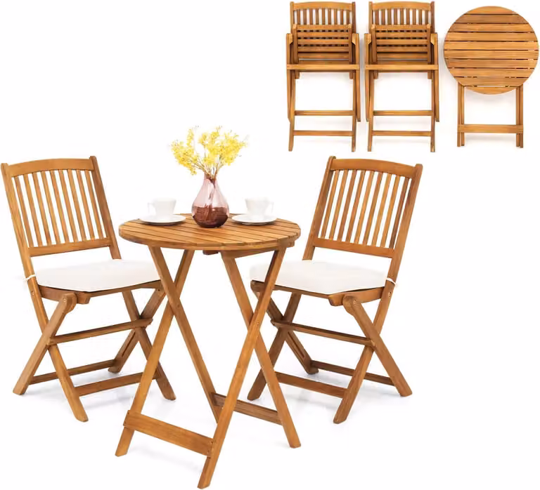 KOMFOTTEU Set da balcone 3 pezzi, set da balcone pieghevole, set da giardino con 1 tavolo e 2 sedie, set da seduta con 2 cuscini, set da bistrot per balcone e giardino (cuscini beige)