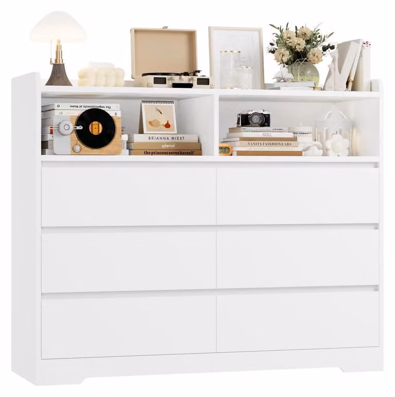 Comò con 6 cassetti, dimensioni 120x40x100 cm, colore bianco. Mobile contenitore per soggiorno o ingresso