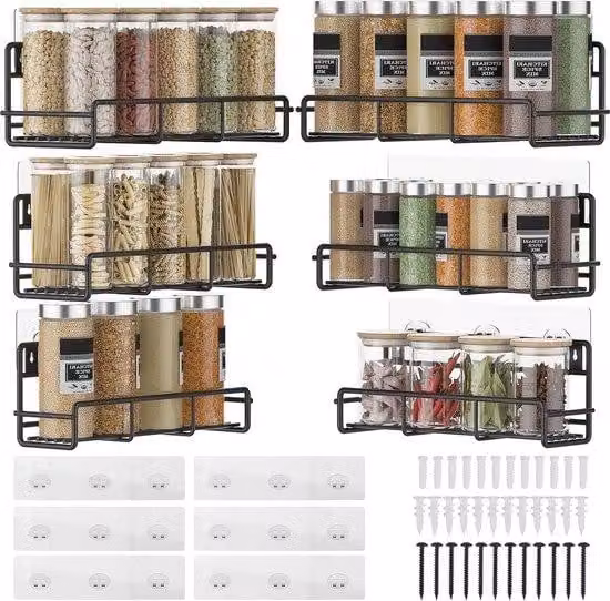 Portaoggetti a forma di cesto di erbe aromatiche a 6 scomparti, scaffale da cucina da parete, nero