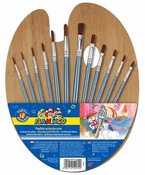 Set di 12 pennelli con manico in legno + tavolozza - Titanum