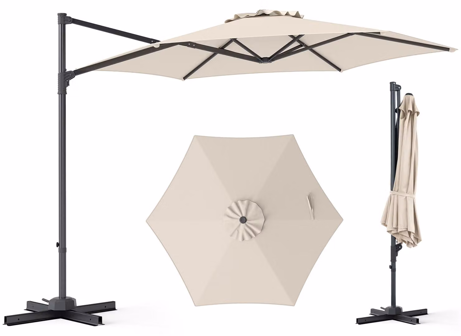COSTWAY, ombrellone da giardino 300x300 cm, ombrellone a sospensione con manovella, rotazione a 360°, grande ombrellone da giardino, ombrellone da mercato, color beige
