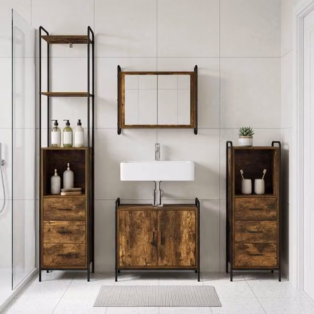 Set di Armadi da Bagno 3 pz Rovere Fumo 40 x 36 x 200,5 cm 3444569