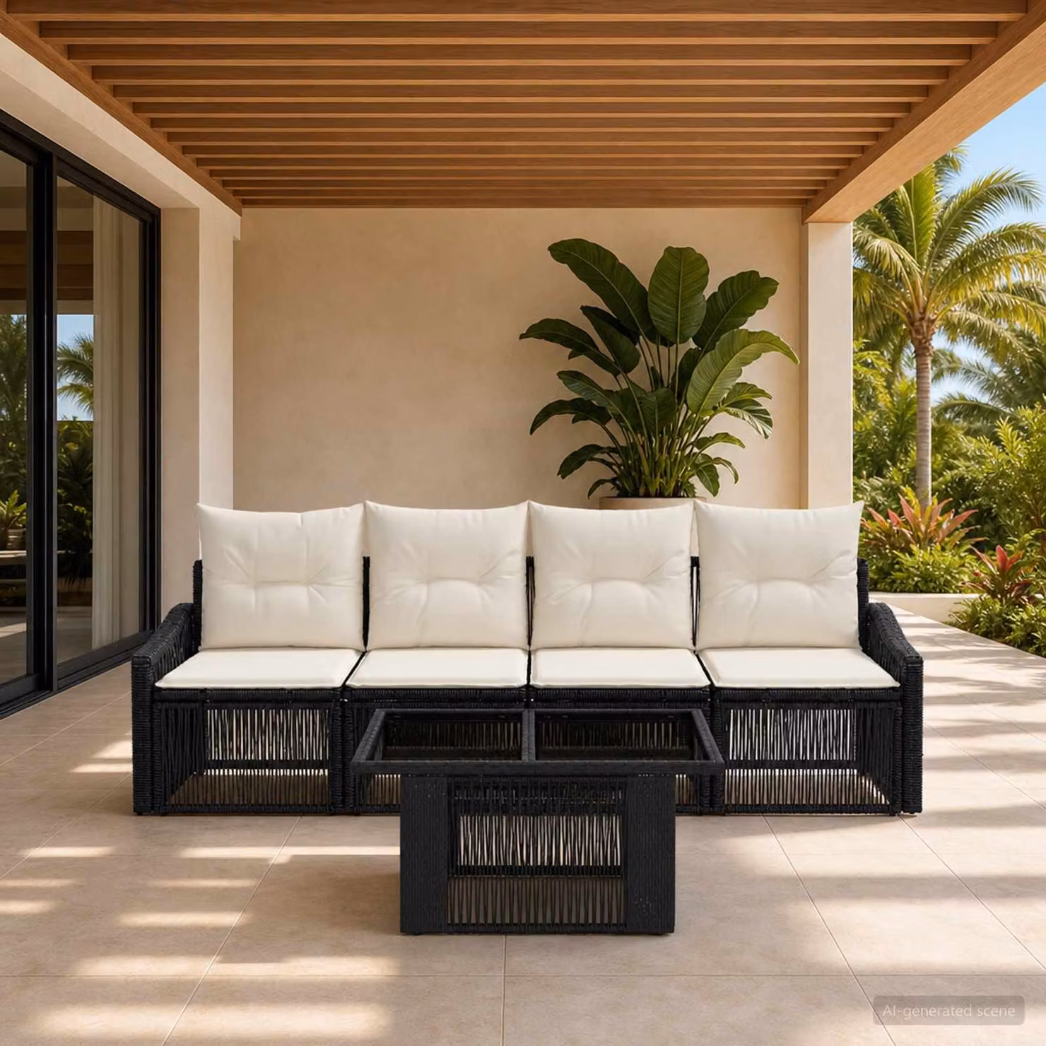 Set Divano da Giardino vidaXL 5 Pezzi in Polyrattan con Tavolino e Cuscini, Nero e Bianco