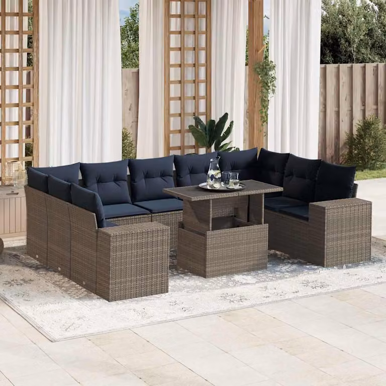 Set di divani da giardino vidaXL in polyrattan grigio con cuscini e tavolino da esterno a forma di U per 10 persone