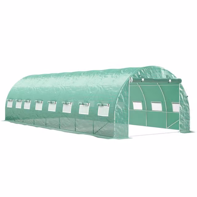 Serra da giardino a tunnel Outsunny verde con 16 finestre, porta con zip avvolgibile e struttura in acciaio zincato con telo PE, L/P/H: 8 x 3 x 2 m