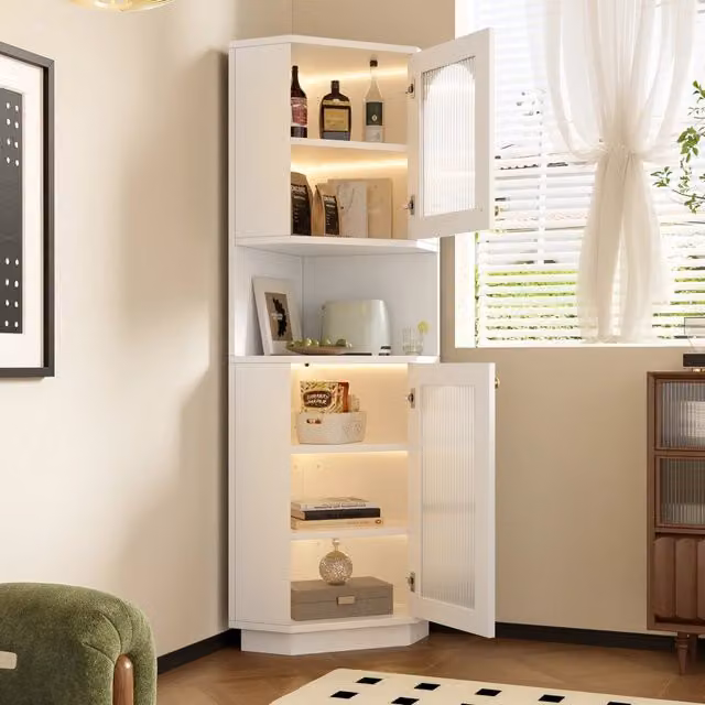 Armadietto angolare da bagno Minimal con luci integrate e ante in vetro, Bianco, L/P/H: 45 x 45 x 166,5 cm – 1