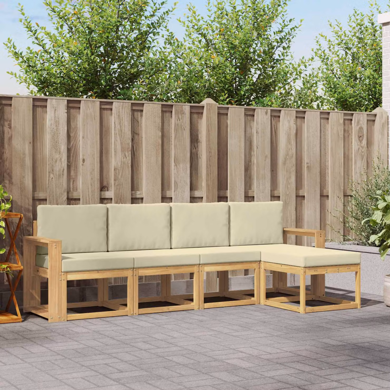 vidaXL Set di divani da esterno a L in legno di acacia con pouf e cuscini, Bianco e Beige