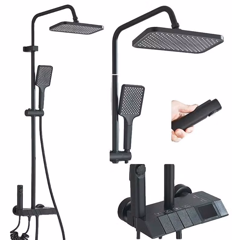 Sistema doccia, montaggio a parete, display digitale idroelettronico, colore nero