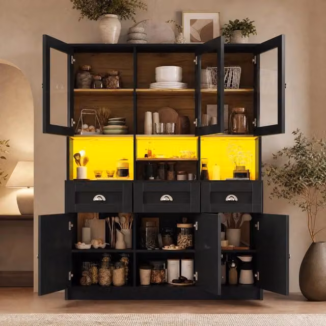 Credenza alta da cucina 140x40x175 cm con LED; 3 cassetti e ripiani regolabili; nera