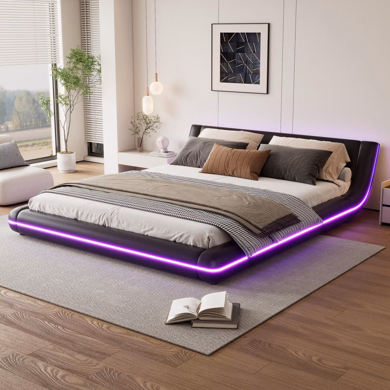 Letto imbottito Merax 160x200cm, letto piano con illuminazione LED, rete a doghe, letto matrimoniale, letto per bambini, letto per ragazzi, PU, nero