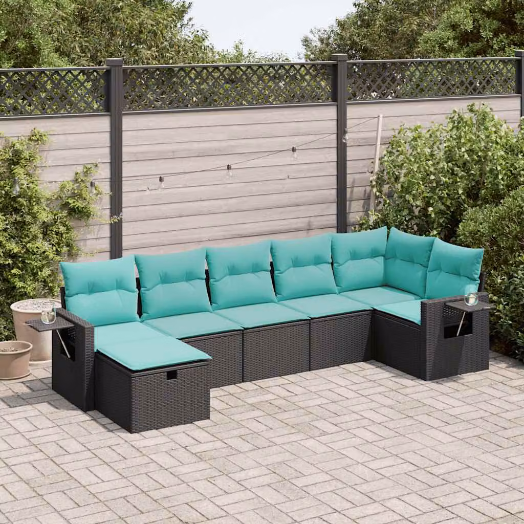 Set Divano da Giardino a L vidaXL con 7 Cuscini, Struttura in Metallo e Polyrattan, Colore Nero e Blu