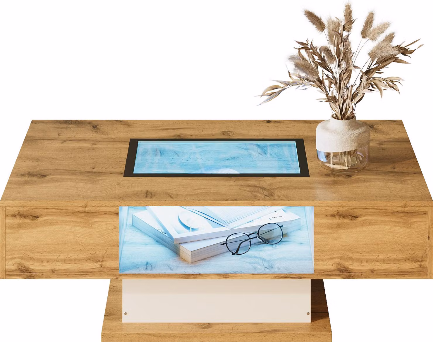 Tavolino in legno Fortuna Lai con LED, ripiano in vetro e 2 cassetti