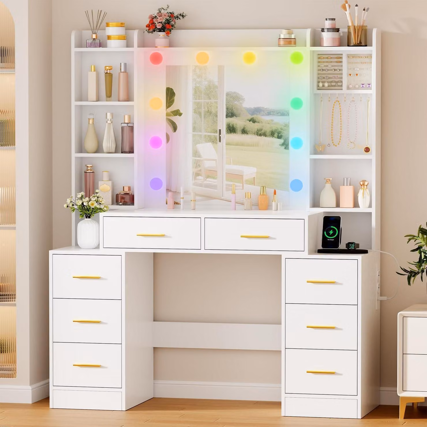 Comò da trucco con illuminazione a LED, ampio specchio, luminosità regolabile, stazione di ricarica USB, ripiani regolabili e un grande cassetto
