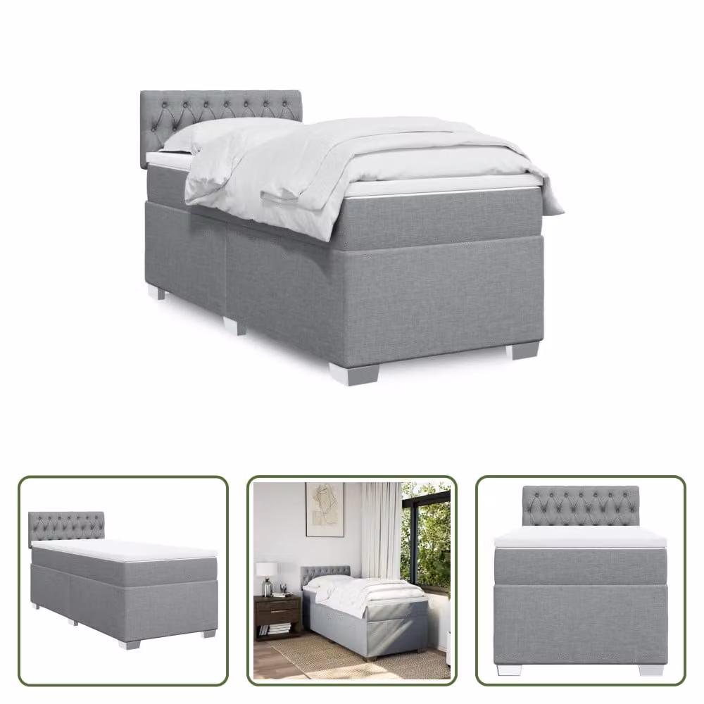 The Living Store Letto a molle con materasso grigio chiaro 90x190 cm in tessuto