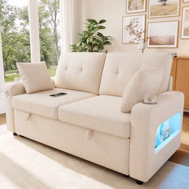 Divano letto estraibile Mivray moderno in tessuto beige per soggiorno e camera da letto L: 141.5 cm, P: 83.5 cm, H: 45.5 cm