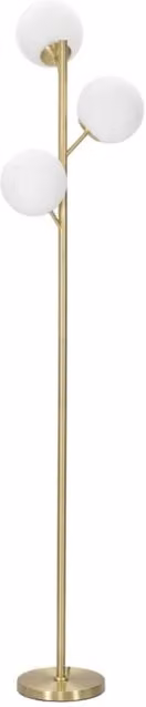Piantana Glamy con 3 luci in metallo dorato e sfere in vetro bianco, Altezza: 190 cm
