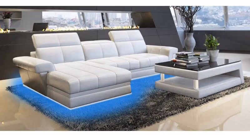 Divano angolare moderno, rivestito in pelle, design elegante, set di divani, soluzione per il soggiorno