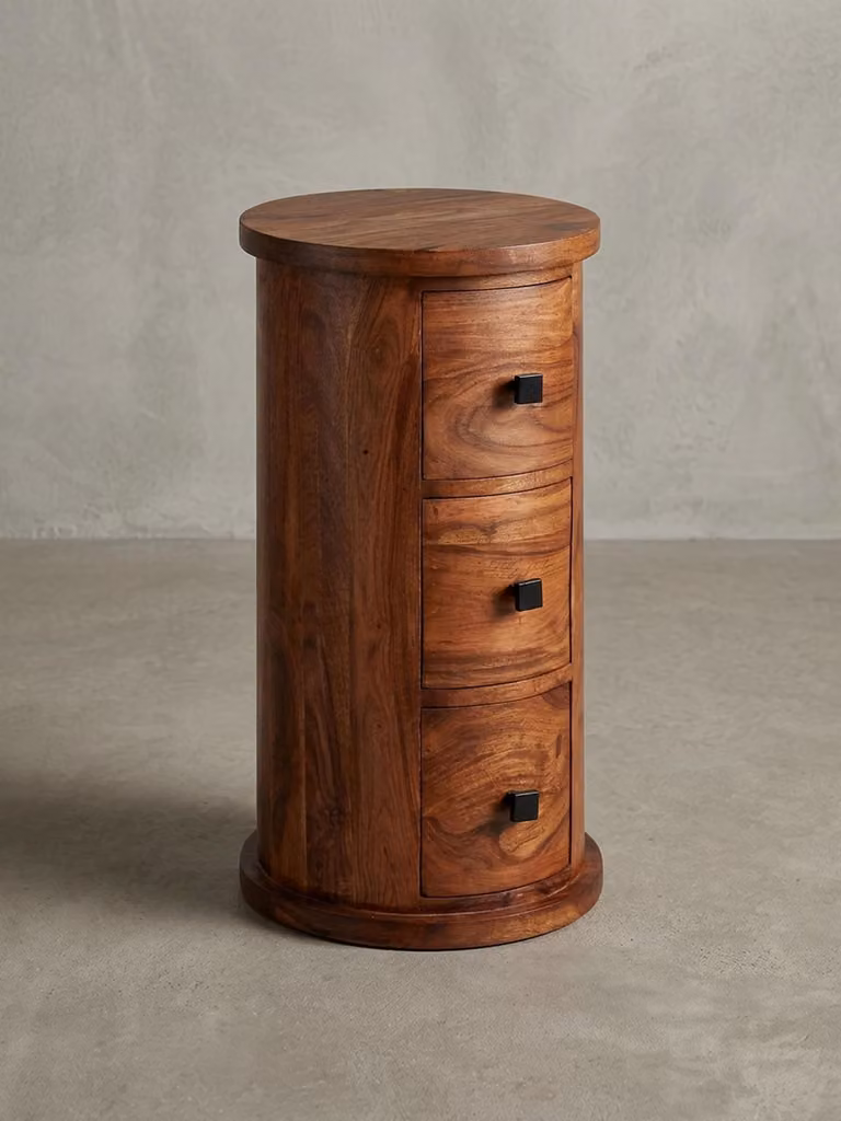 Comò rustico in legno massello di sheesham con 3 cassetti, elegante e resistente. 35x35x65 cm | Kadima Design