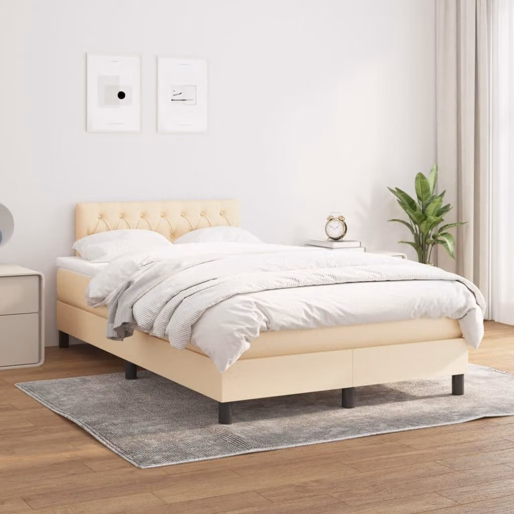 vidaXL Giroletto a Molle con Materasso Ibrido in Tessuto Beige e Bianco L/P/H: 120 x 200 cm – 1