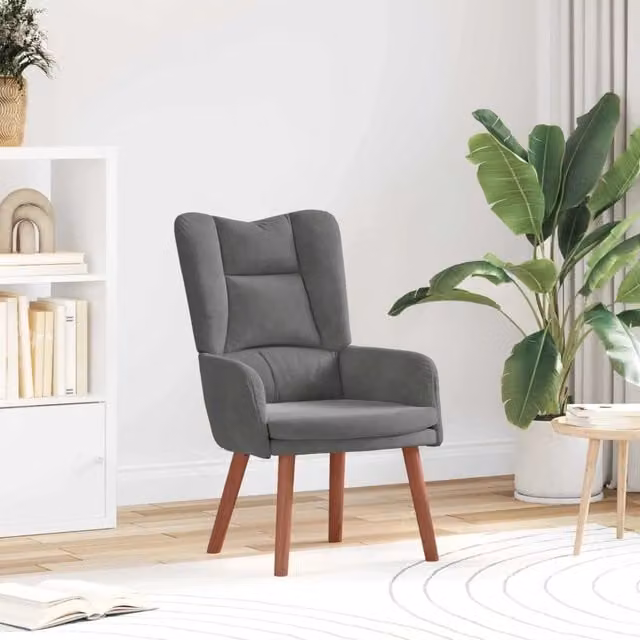 Poltrona relax moderna in velluto grigio scuro con braccioli e struttura in legno, L: 63 cm, P: 67 cm, H: 94 cm – 1