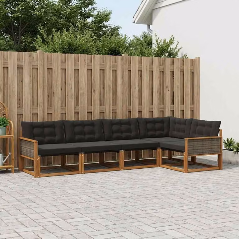 Set di divani da esterno vidaXL a forma di L composto da 5 pezzi in legno di acacia e textilene, colore naturale e nero