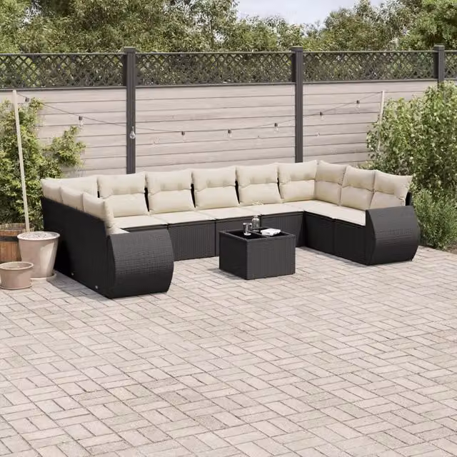 Set di Divani da Giardino vidaXL 11 Pezzi in Polyrattan Nero con Cuscini e Tavolino da Esterno