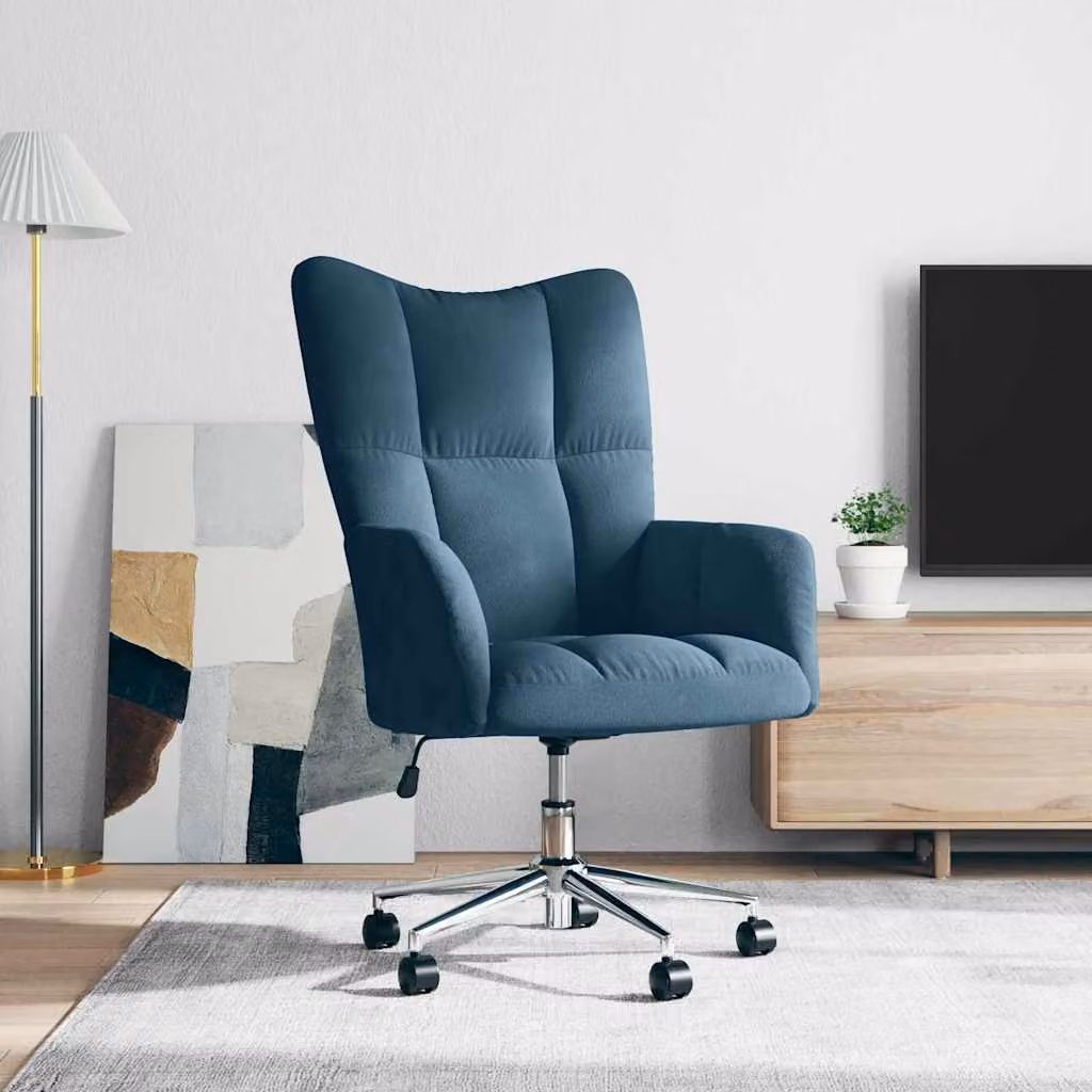 Sedia Relax moderna vidaXL in velluto blu con braccioli e rotelle, girevole a 360 gradi