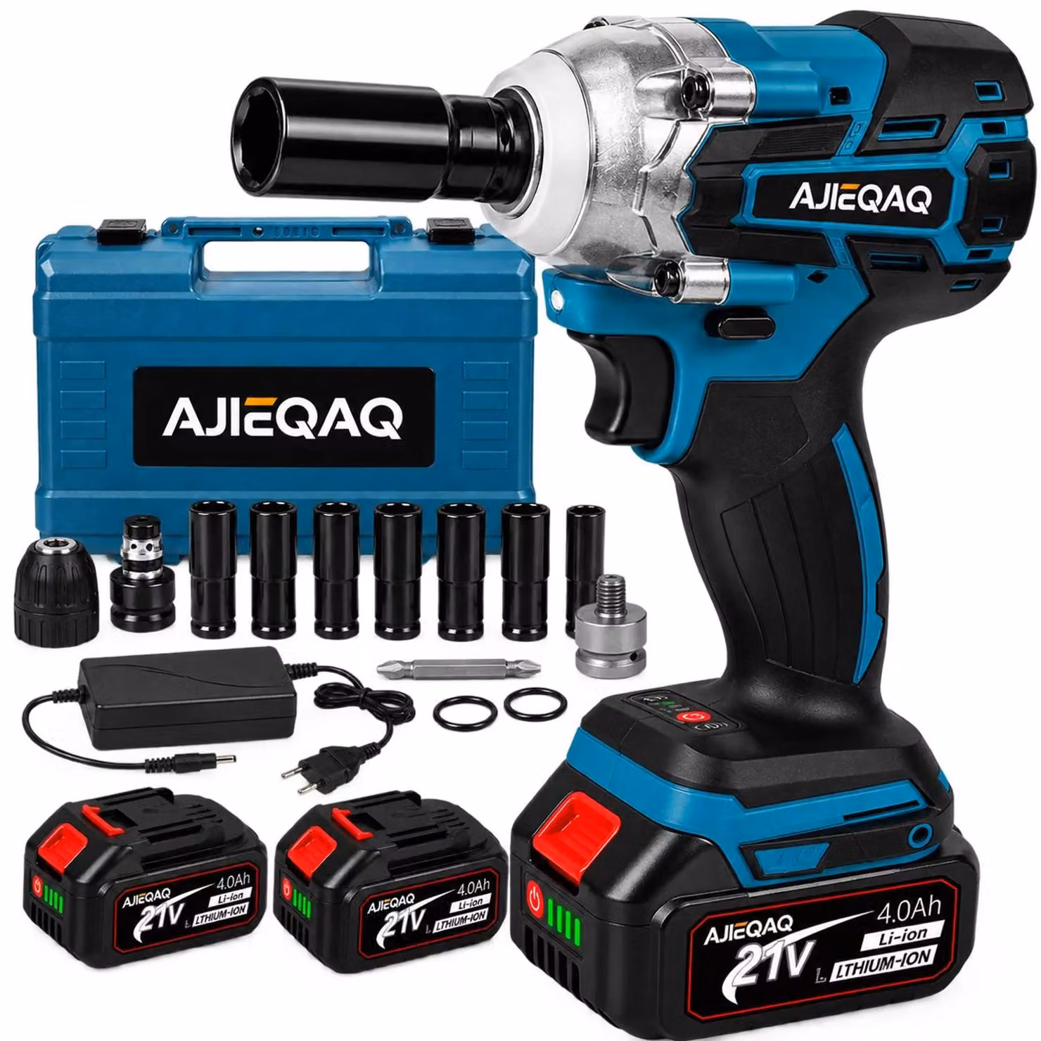 21V Avvitatore a impulsi & trapano a percussione Brushless, coppia max. 550Nm, 2×4,0Ah batterie, 1/2", 3 velocità, 6 bussole, valigetta