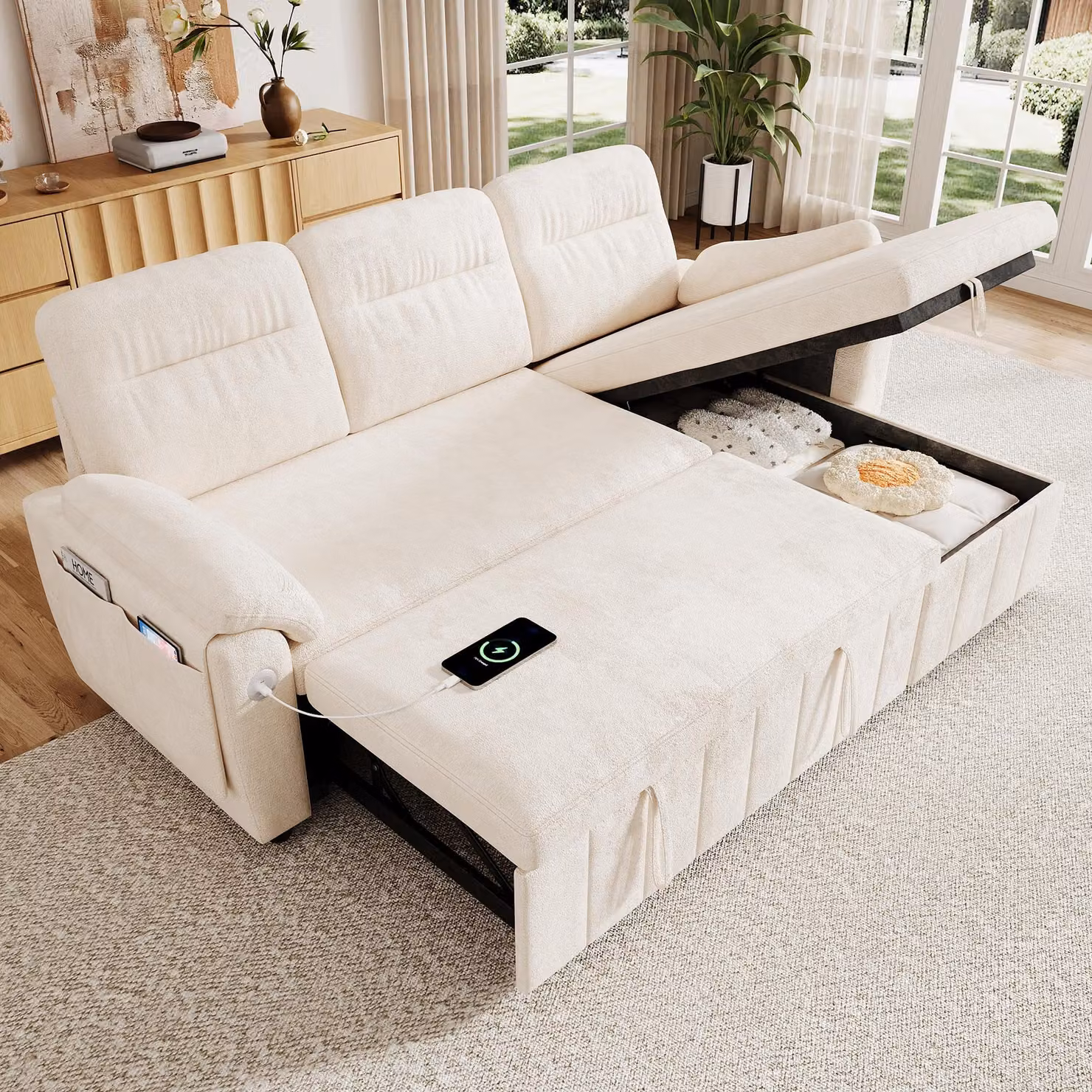 Divano angolare MODFU, divano letto con spazio contenitore, divano relax con porta USB/Type-C e rivestimento in chenille, divano trasformabile con chaise longue intercambiabile, color beige, dimensioni 208×131×88 cm