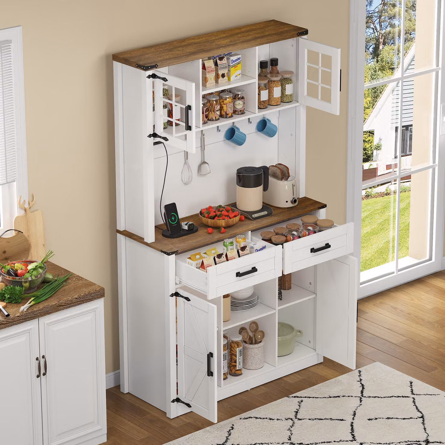 okwish Mobiletto da cucina, Commode, Barschrank con illuminazione a LED e cassetti, Mobiletto credenza con 2 ampi cassetti, ripiani regolabili, bianco